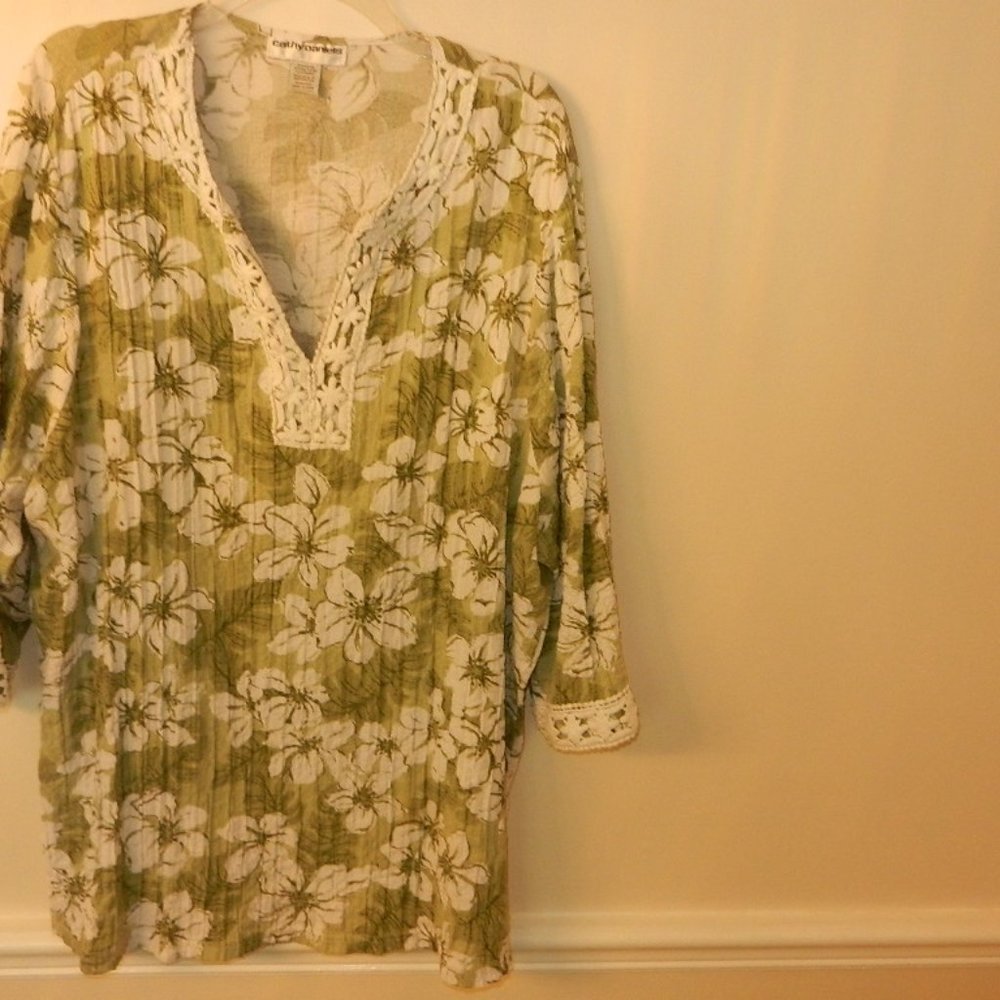 Cathy Daniels green/white Tunic XL WRINKLE FREE